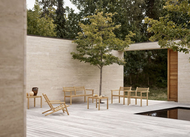 Carl Hansen Teak Gartenstühle, Deck Chair, Beistelltische und Bank AH Outdoor