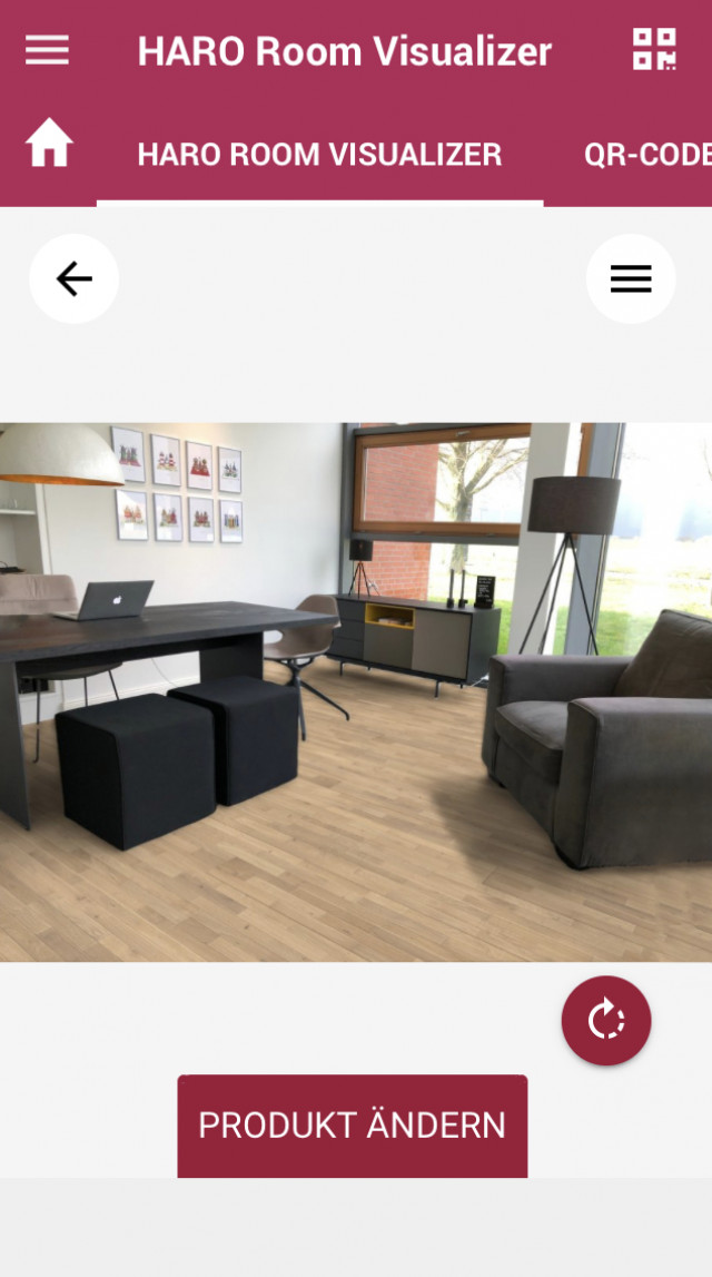 Haro Room Visualizer App mit hellem Parkettboden