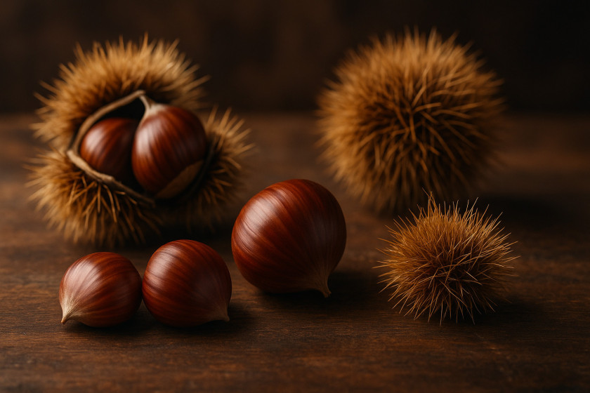 Esskastanien auf einem dunklen Holztisch
