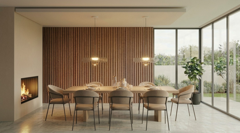 Esszimmer mit Slat Akustikpaneel und Deckensegel zur Verbesserung der Raumakustik - KI-generiertes Bild