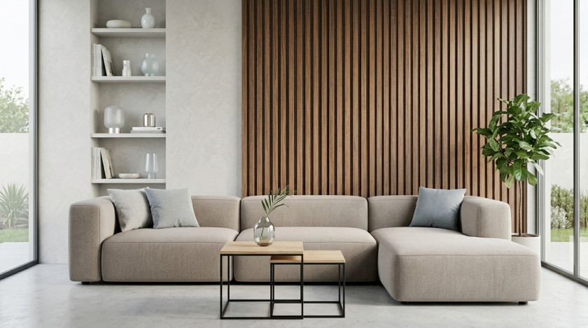 Wohnzimmer mit Slat Akustikpaneel zur Verbesserung der Raumakustik - KI-generiertes Bild