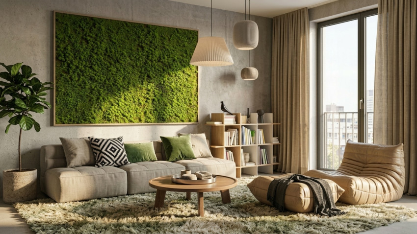 Wohnzimmer mit schalldämmenden Elementen für eine gute Raumakustik - KI-generiertes Bild