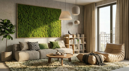 Wohnzimmer mit schalldämmenden Elementen für eine gute Raumakustik - KI-generiertes Bild