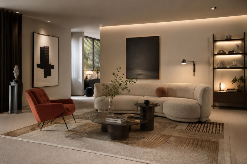 Moderne Sitzecke mit Teppich als definierte Zone auf der beigen Auslegeware