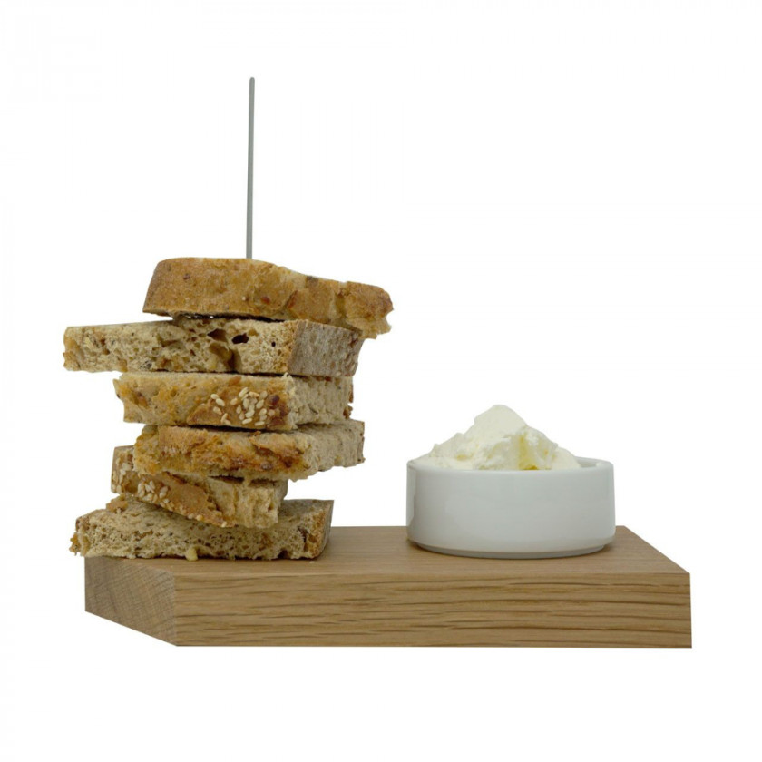 Brot Ahoi von Raumgestalt - bootsförmiges Holzbrettchen mit Stab zum Aufspießen der Brotscheiben und Porzellangefäß für Dips