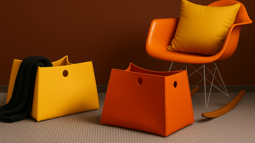 KI generiertes Bild mit bunten Körben aus Wollfilz, einem Eames Schaukelstuhl in Orange und einem gelben Kissen