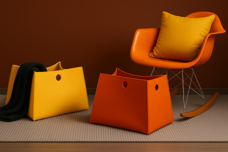 KI generiertes Bild mit bunten Körben aus Wollfilz, einem Eames Schaukelstuhl in Orange und einem gelben Kissen