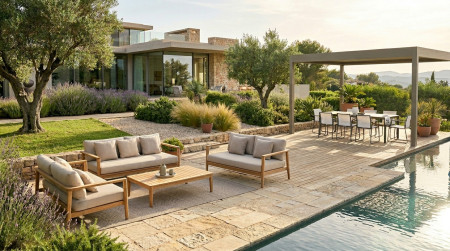 Exklusive Outdoor-Szene als Beispiel für hochwertige Gartenmöbel bei used-design