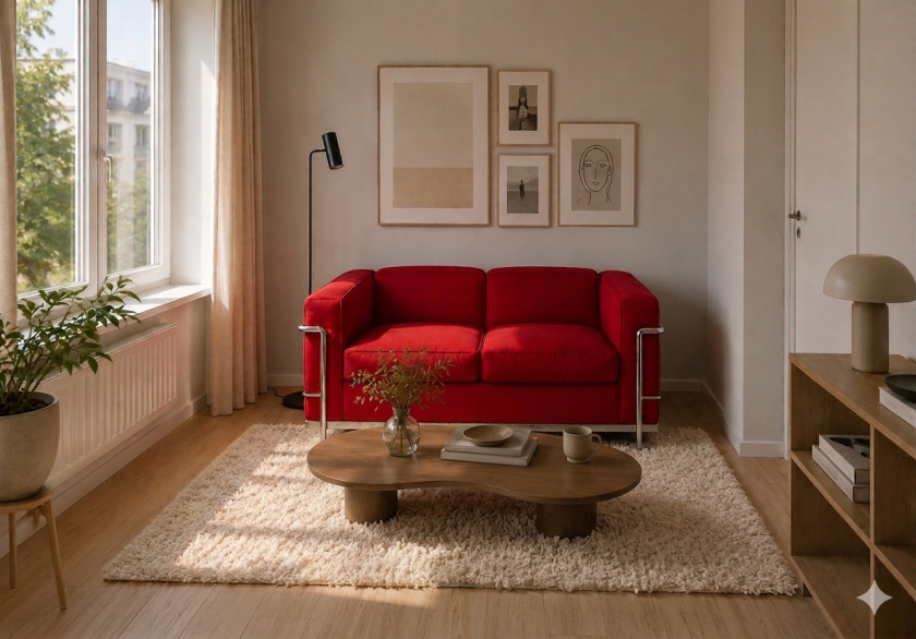 Sofa-Klassiker in Rot in einem kleinen Raum mit stimmigen Proportionen