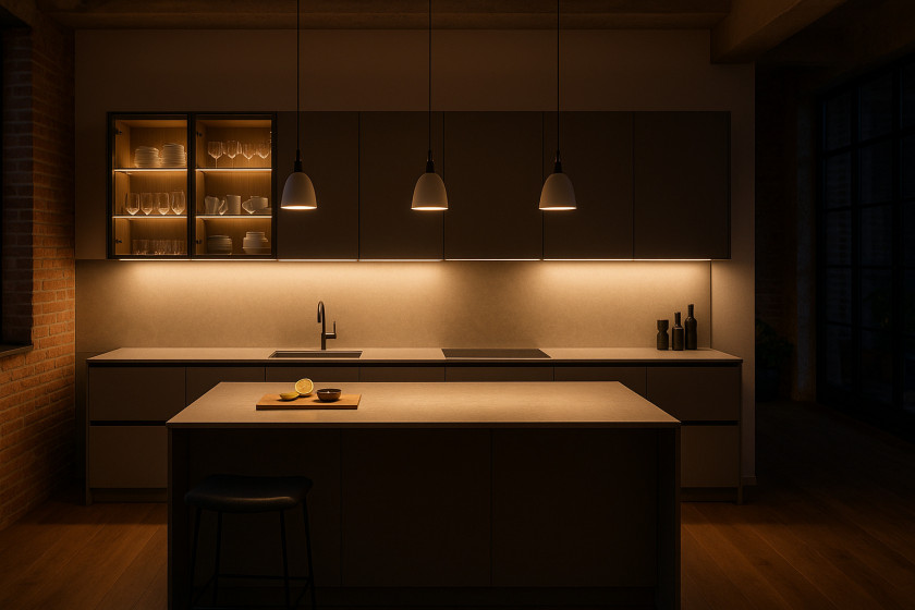 Moderne dunkle Küche mit minimalistischer Kücheninsel, stimmungsvoller Beleuchtung und Hängelampen als Beispiel für optimale Lichtplanung bei der Küchenplanung