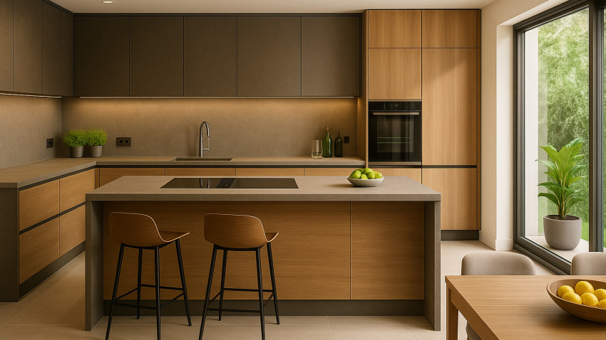 Zeitlose Küche mit Holzfronten, Kücheninsel mit Kochfeld und Sitzgelegenheit – perfekte Verbindung von Funktionalität und Wohnlichkeit bei der Küchenplanung