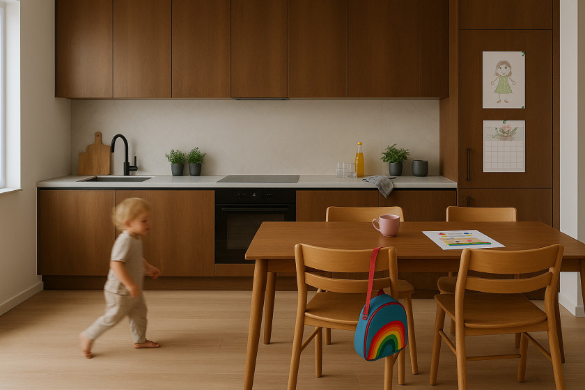 Familienfreundliche Küche mit Holzoptik und Esstisch – kindgerechte und praktische Küchenplanung mit Fokus auf Alltagstauglichkeit der Materialien