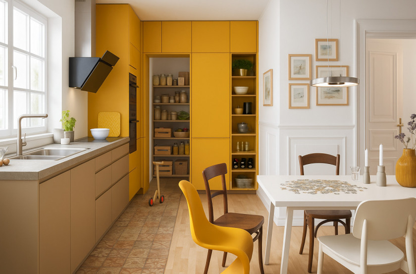 Bunte Küche mit gelben Hochschränken, offener Speisekammer und Mix aus Retro- und Modernstil – inspirierendes Beispiel für individuelle Küchenplanung mit Charakter für einen Großfamilie