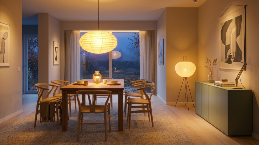 Esszimmer mit warmer Beleuchtung, angelehnt an den Leuchtenklassiker Akari Light