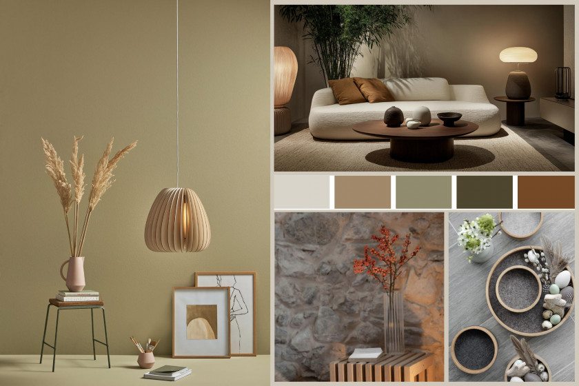 Farbwelt mit natürlicher Ausstrahlung, Farben und Accessoires in Naturtönen, Beige, Grün, Braun