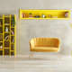 Gelbe Möbel in grau gestaltetem Raum