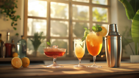 Drei verschiedene selbst gemixte Cocktails mit Cocktail Shaker