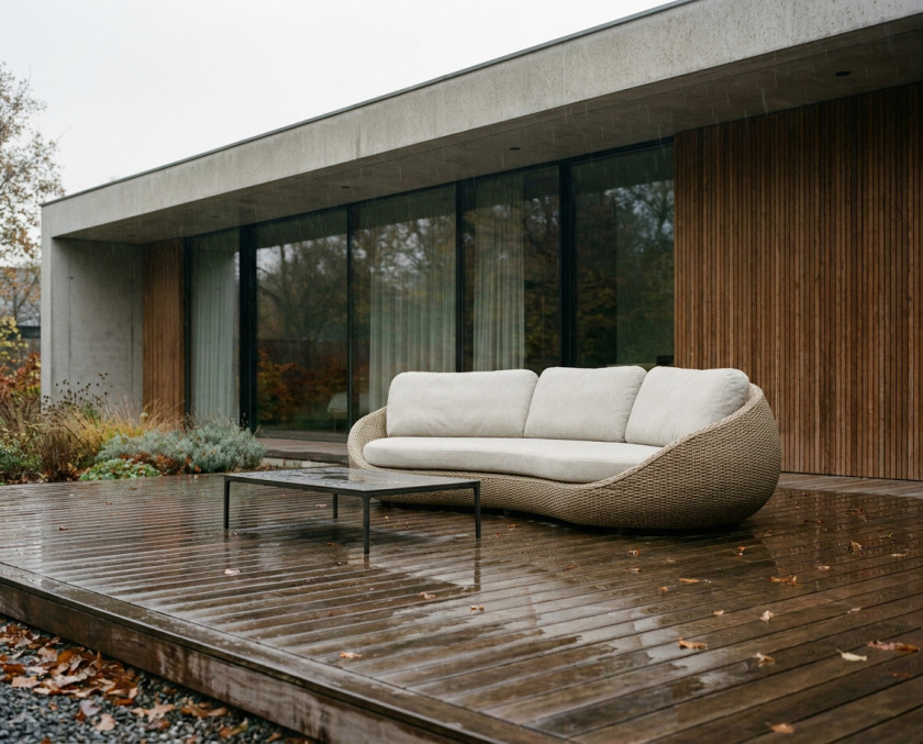 ki-generiertes Bild eines Garten Loungesofas mit Beistelltisch auf einer regnerischen, herbstlichen Terrasse