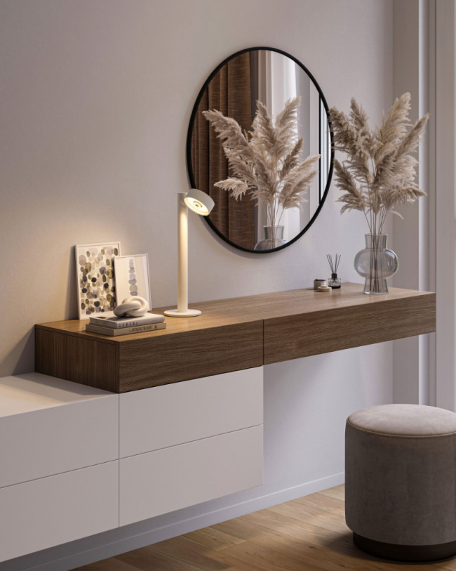 Sompex Ronda Akku Tischleuchte auf dem herbstlich dekorierten Sideboard – kabellose LED-Leuchte, mobil und dimmbar für Homeoffice
