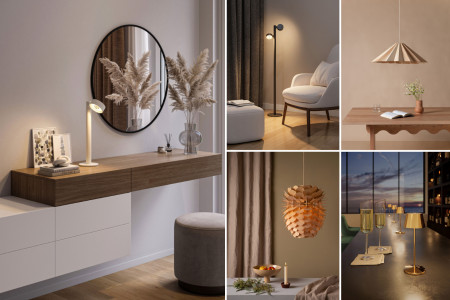 Collage Herbstleuchten 2025 – Sompex Akku Tischleuchten, Ronda Stehleuchte, Schneid Studio Pendelleuchten aus Holz und dekorative Herbstlichter