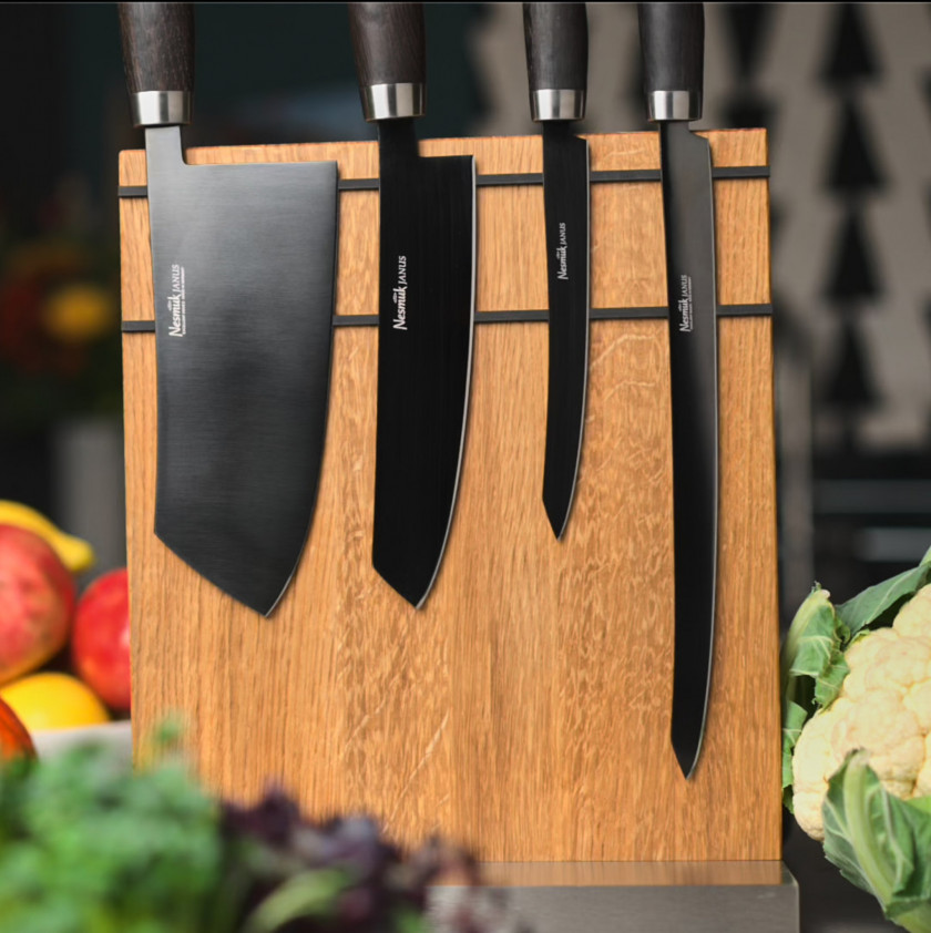 Messer aus der Nesmuk Janus Serie: chinesisches Kochmesser, Kochmesser 180, Slicer 160 und Slicer 260 cm