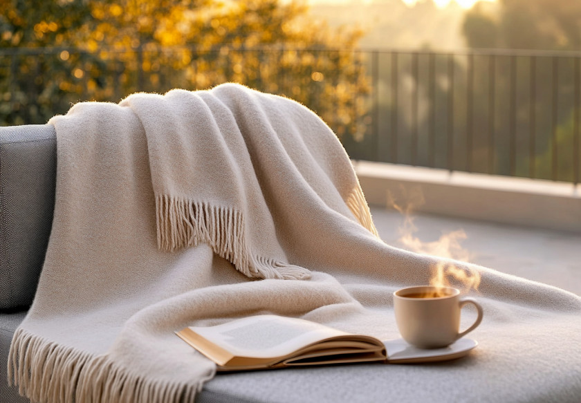 Kaschmirdecke auf einem Outdoor Sessel auf der Terrasse