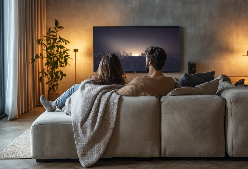 Ein Paar sitzt auf dem Sofa, eingekuschelt in eine Kaschmirdecke, und sieht entspannt fern.