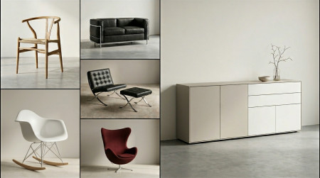 Möbelklassiker-Collage: Y-Chair, LC2 Sofa, RAR, Egg Chair, Barcelona Chair