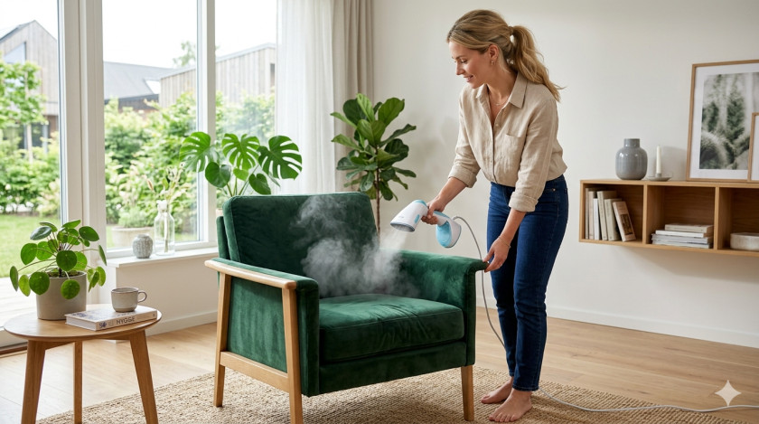 Velours auGrüner Velours-Sessel wird mit Dampfglätter aufgefrischt