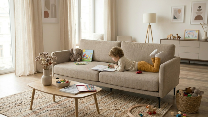 Kind malt auf hellem Stoffsofa im Wohnzimmer – typische Flecken und Gebrauchsspuren auf Polstermöbeln vermeiden und entfernen