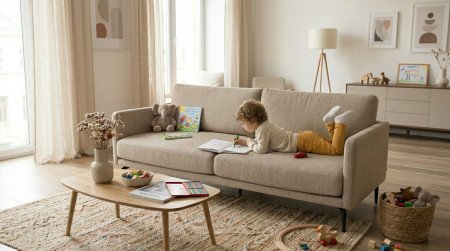Kind malt auf hellem Stoffsofa im Wohnzimmer – typische Flecken und Gebrauchsspuren auf Polstermöbeln vermeiden und entfernen