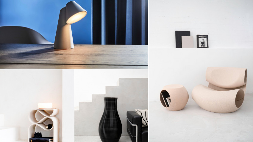 Wohn-Accessoires und Möbel im 3D Druck von Recozy: Tischleuchte Monk, Beistelltisch Drop, Bodenvase Byden und Sessel Loom mit Beistelltisch