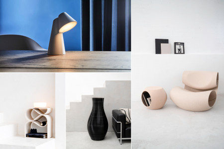 Wohn-Accessoires und Möbel im 3D Druck von Recozy: Tischleuchte Monk, Beistelltisch Drop, Bodenvase Byden und Sessel Loom mit Beistelltisch