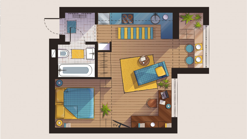 Farbig angelegter Grundriss mit Wohnraum, Schlafzimmer und Bad, Quelle: Shutterstock