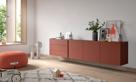 Interlübke Sideboard Jorel wandhängend mit drei Klappen und drei Schubladen, Ziegelrot