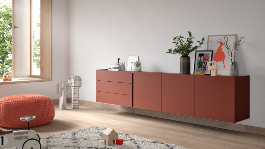 Interlübke Sideboard Jorel wandhängend mit drei Klappen und drei Schubladen, Ziegelrot