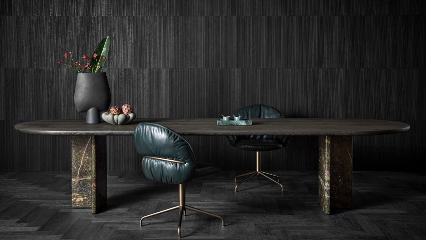 Esstisch T-Rox von Janua Möbel mit Gestell aus Stein und Tischplatte in NCS Farbausführung von Schotten & Hansen