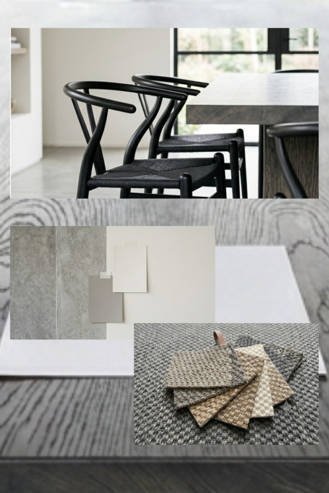 Moodboard für rauchige Holzoberflächen in Kombination mit mineralischen Umgebungsfarben