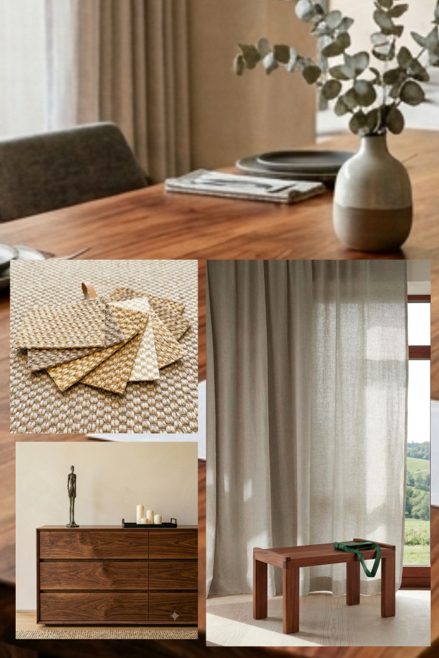 Moodboard für rötliche Holzoberflächen in Kombination mit warmen Umgebungsfarben wie Beige, greige oder Sand