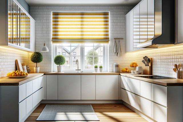 helle Küche mit Fenster und gelb-weiß gestreiftem Faltrollo