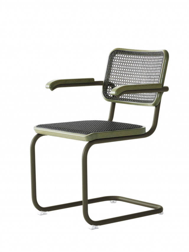 Freischwinger S 64 von Thonet in einer Reedition von Sebastian Herkner mit grünem Sitz und schwarzem Geflecht