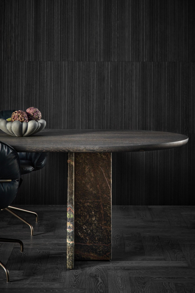 Esstisch T-Rox von Janua Möbel mit Gestell aus Stein und Tischplatte in NCS Farbausführung von Schotten & Hansen